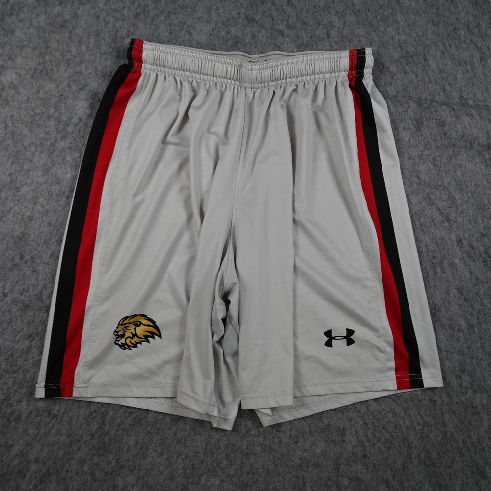 Under Armour Shorts Mens Large Gray Red Black Striped Lion Logo Athletic Mesh